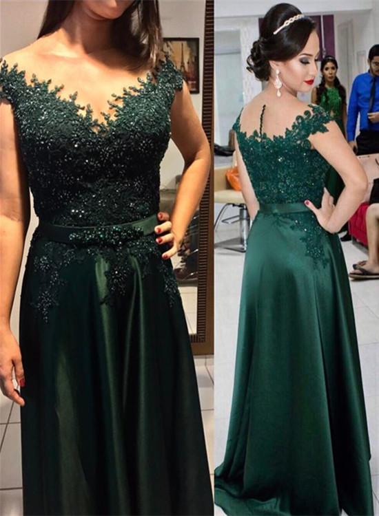 Vestido de dama de honor de satén verde oscuro con cuentas y encaje, corte A 