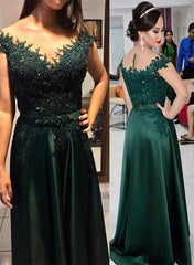 Vestido de dama de honor de satén verde oscuro con cuentas y encaje, corte A 