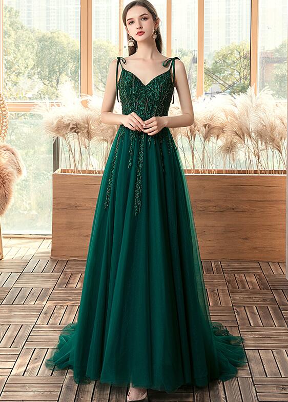 Dark Green Lace Applique and Beaded V-neckline Party Dress