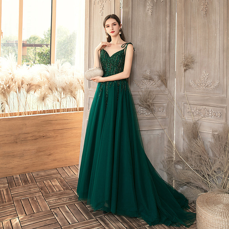 Dark Green Lace Applique and Beaded V-neckline Party Dress