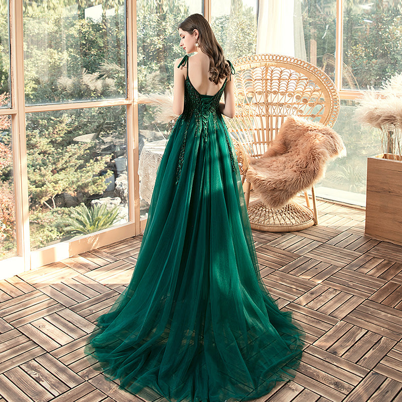 Dark Green Lace Applique and Beaded V-neckline Party Dress