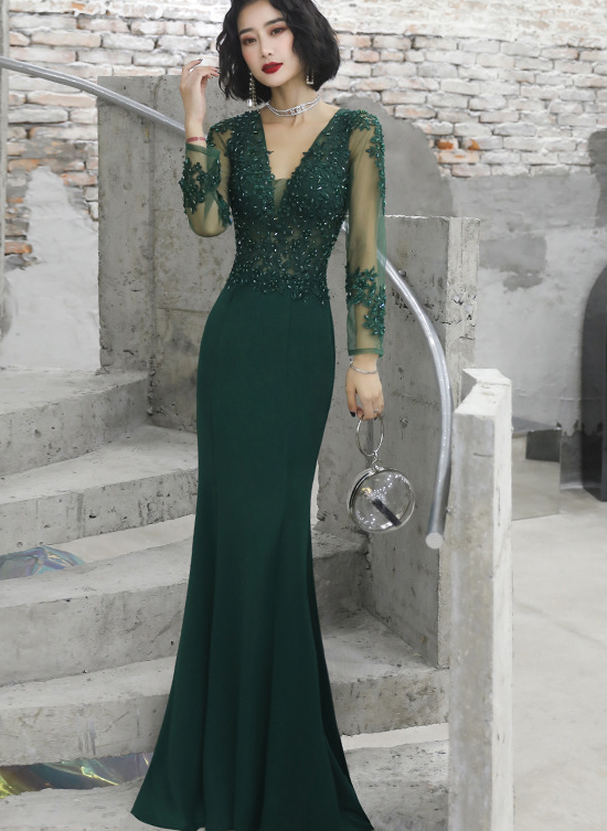 Dark Green Mermaid Spandex Long Evening Dress with Lace