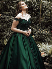 Vestido formal largo de satén verde oscuro con apliques de encaje 
