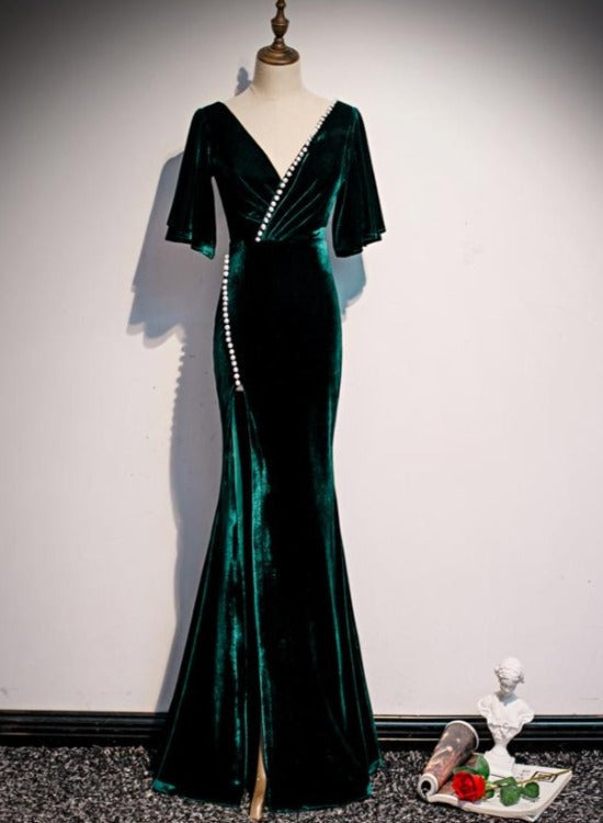 Vestido formal de fiesta de terciopelo verde oscuro con escote en V y corte sirena 