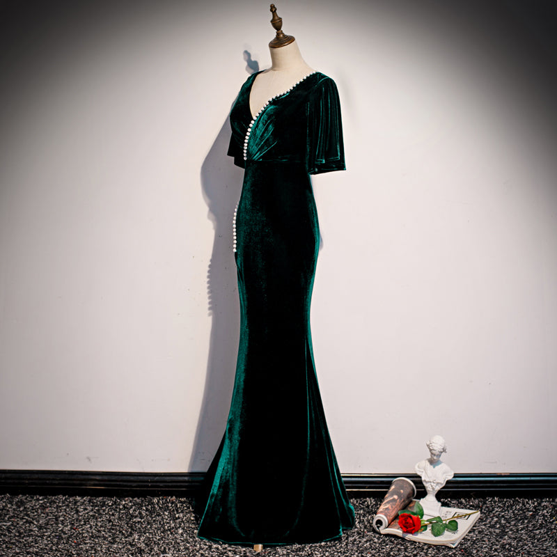 Vestido formal de fiesta de terciopelo verde oscuro con escote en V y corte sirena 