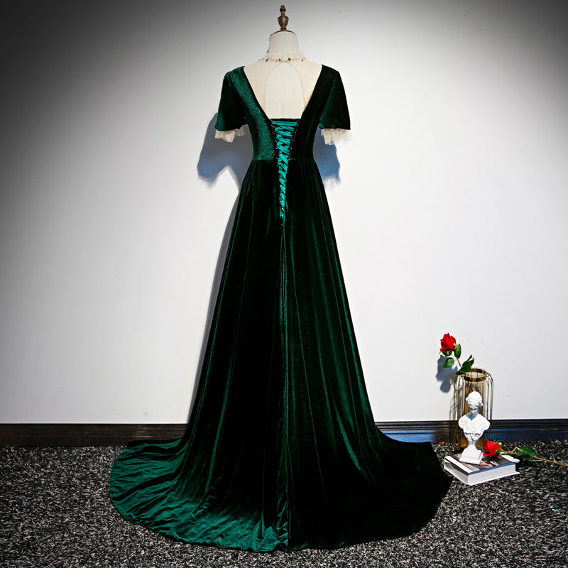 Vestidos de dama de honor de corte A con mangas cortas de terciopelo verde oscuro 