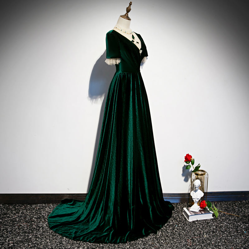 Vestidos de dama de honor de corte A con mangas cortas de terciopelo verde oscuro 