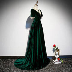 Vestidos de dama de honor de corte A con mangas cortas de terciopelo verde oscuro 