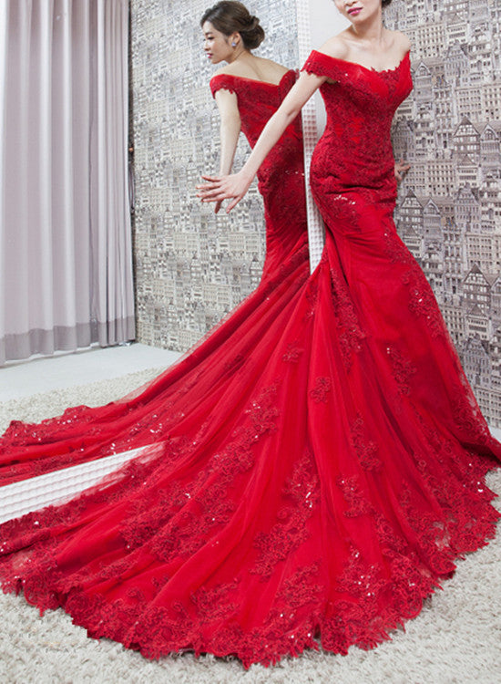 Dark Red Mermaid Off Shoulder Evening Gown with Lace Applique