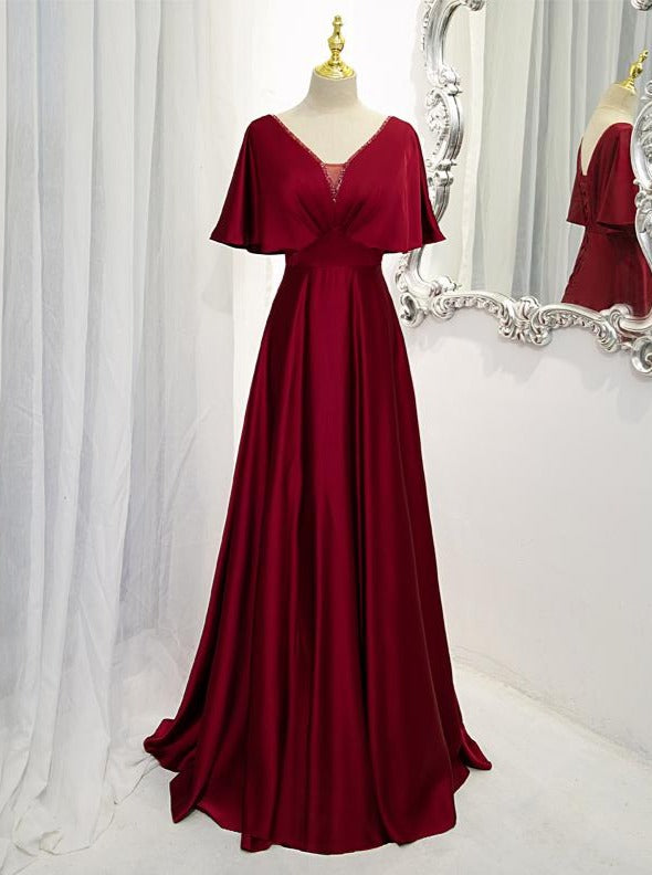 Dark Red Satin A-line Floor Length Evening Dress