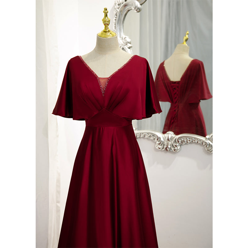 Dark Red Satin A-line Floor Length Evening Dress