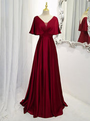 Dark Red Satin A-line Floor Length Evening Dress