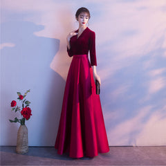 Dark Red Satin and Velvet Simple Long Wedding Party Dress