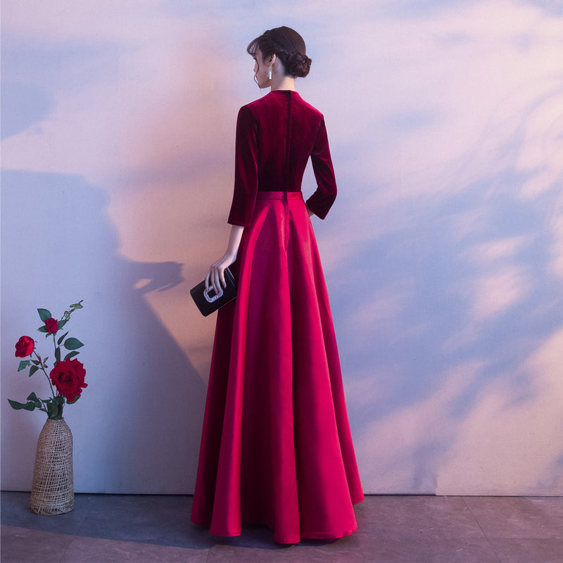 Dark Red Satin and Velvet Simple Long Wedding Party Dress