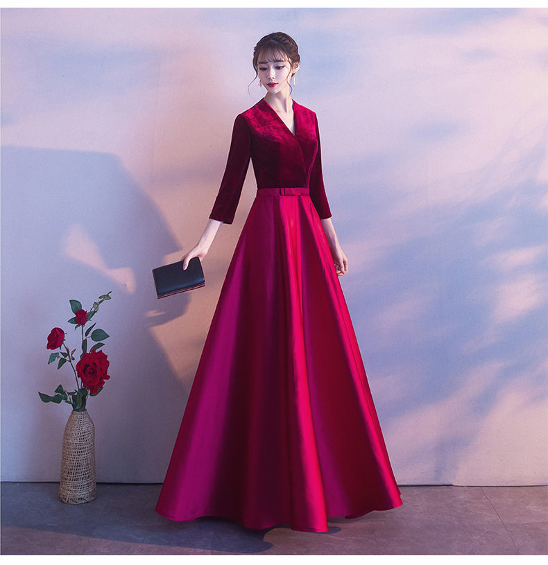 Dark Red Satin and Velvet Simple Long Wedding Party Dress