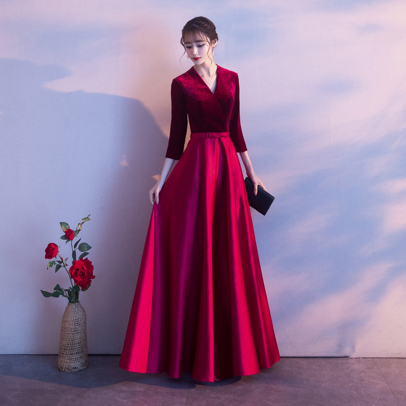 Dark Red Satin and Velvet Simple Long Wedding Party Dress