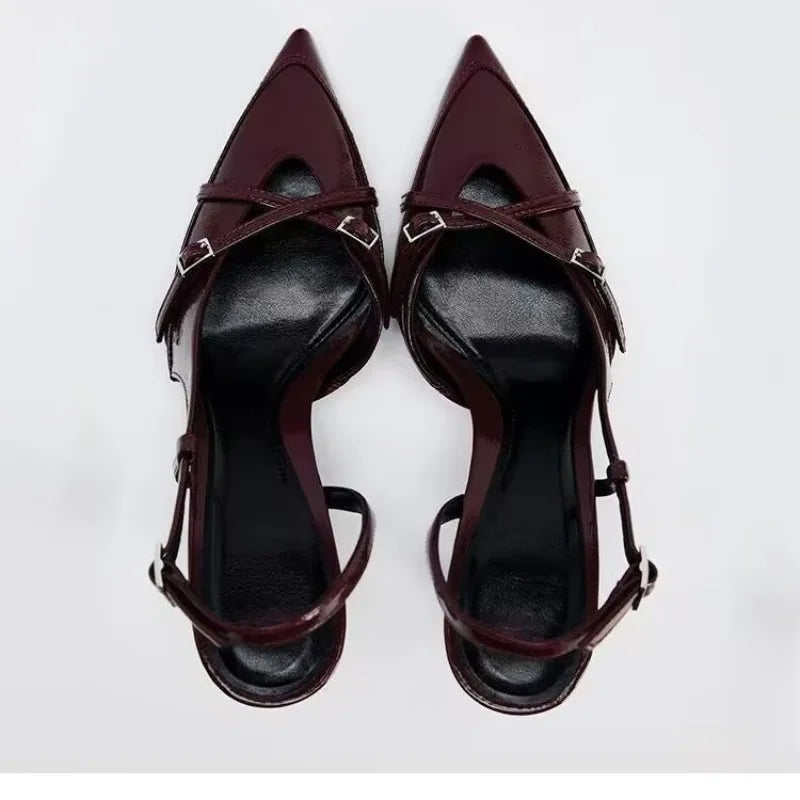 Deep red stunning highheeled shoes Fashionable pointedtoe opentoe elegant cross-strap thin highheeled sandals Size 35-42