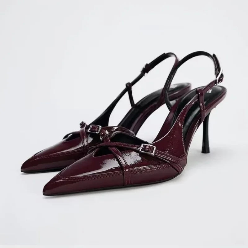 Deep red stunning highheeled shoes Fashionable pointedtoe opentoe elegant cross-strap thin highheeled sandals Size 35-42