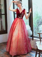 Vestido de fiesta largo de tul con encaje y terciopelo rojo en forma de A 