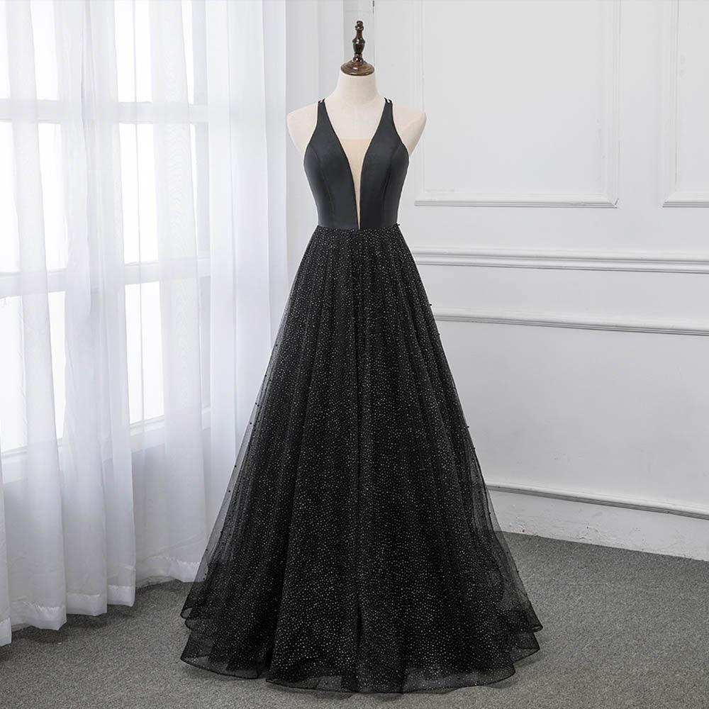 Vestido de fiesta negro con escote en V, tul y satén, tirantes largos y espalda cruzada 