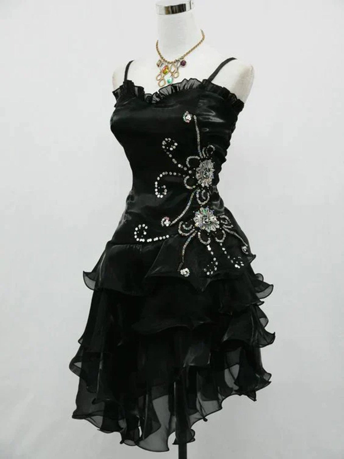 Black Organza Beaded Straps Short Party Dress