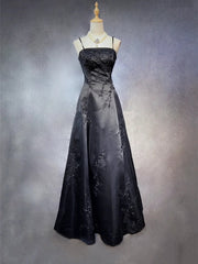Black A-line Satin with Lace Applique Prom Dress