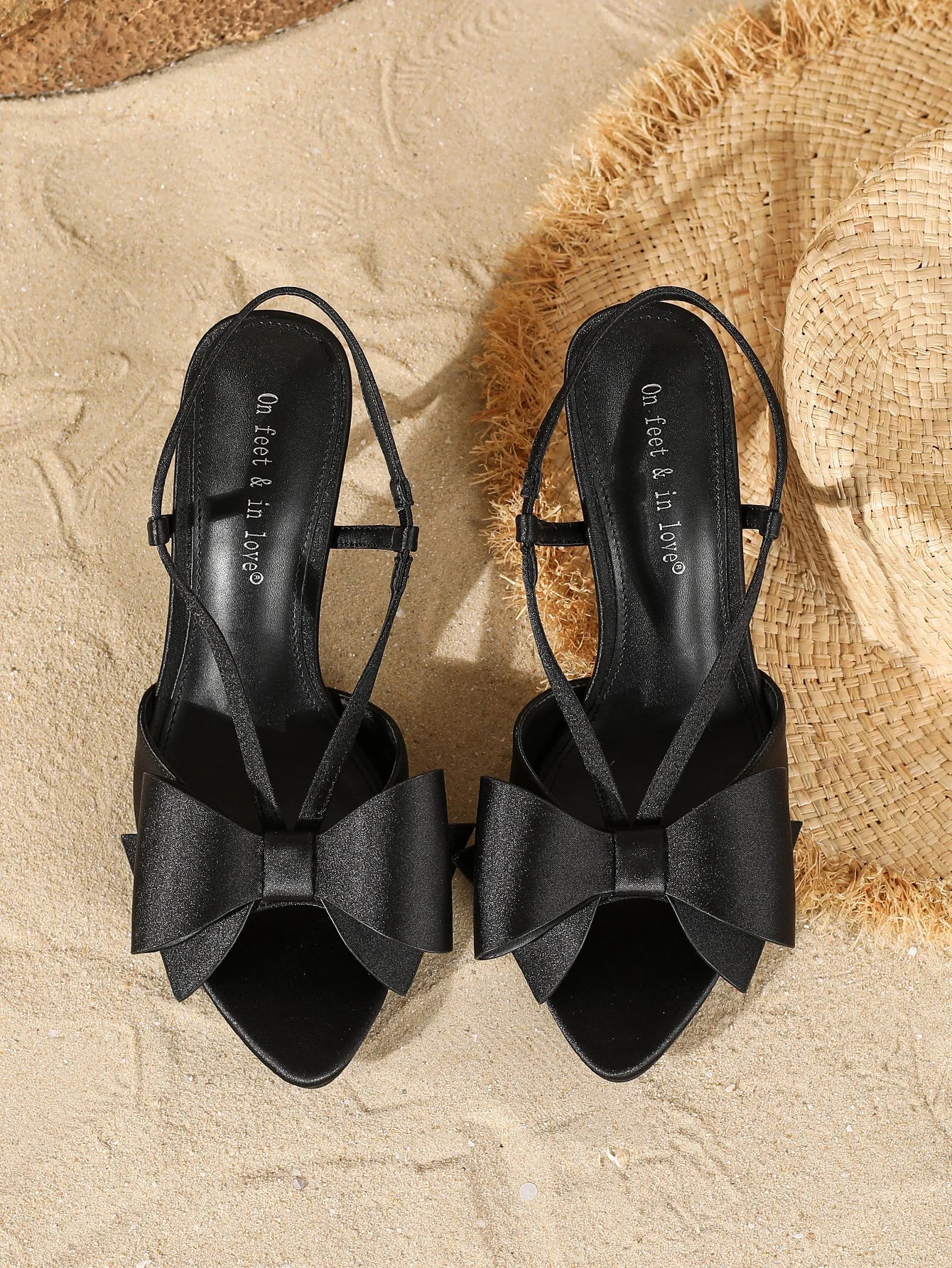 Elegant Black Satin Bow HeeledSandals Women