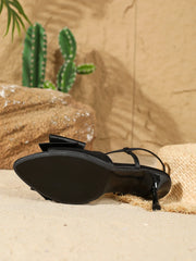 Elegant Black Satin Bow HeeledSandals Women