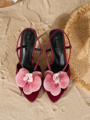Elegant Burgundy Satin Orchid Stiletto Mules