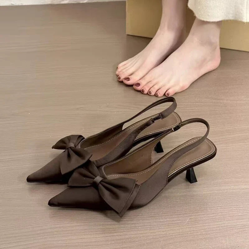 Elegant High Heels Shoes Black Shallow Mouth Pointed Toe Bow Slingbacks Luxury Party Office Lady Sandals