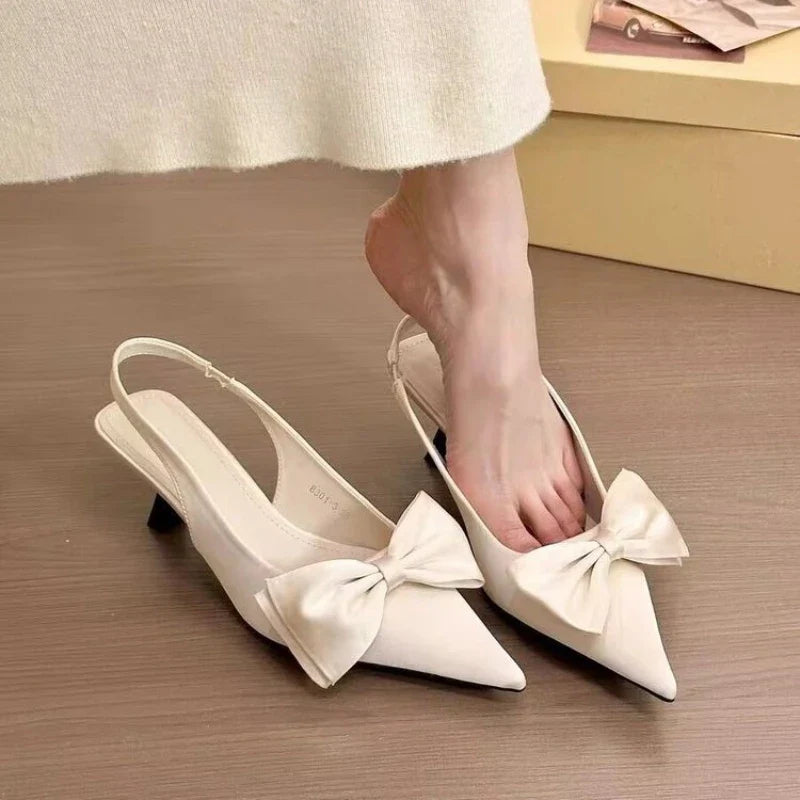 Elegant High Heels Shoes Black Shallow Mouth Pointed Toe Bow Slingbacks Luxury Party Office Lady Sandals