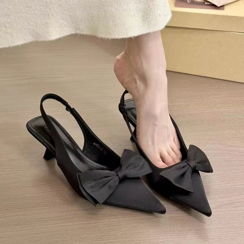 Elegant High Heels Shoes Black Shallow Mouth Pointed Toe Bow Slingbacks Luxury Party Office Lady Sandals