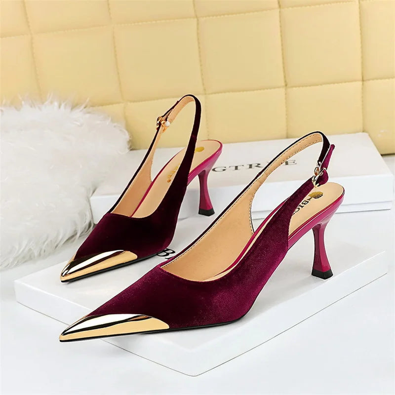 Elegant Green High Heel Velvet Pumps Wedding Party Slingback Sandals Metal Pointed Toe Hollow Buckle Wine Red Shoes