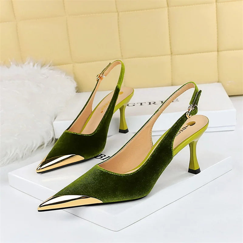 Elegant Green High Heel Velvet Pumps Wedding Party Slingback Sandals Metal Pointed Toe Hollow Buckle Wine Red Shoes