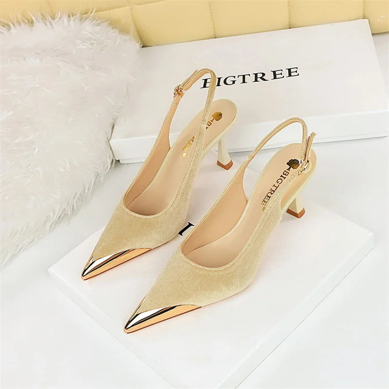 Elegant Green High Heel Velvet Pumps Wedding Party Slingback Sandals Metal Pointed Toe Hollow Buckle Wine Red Shoes