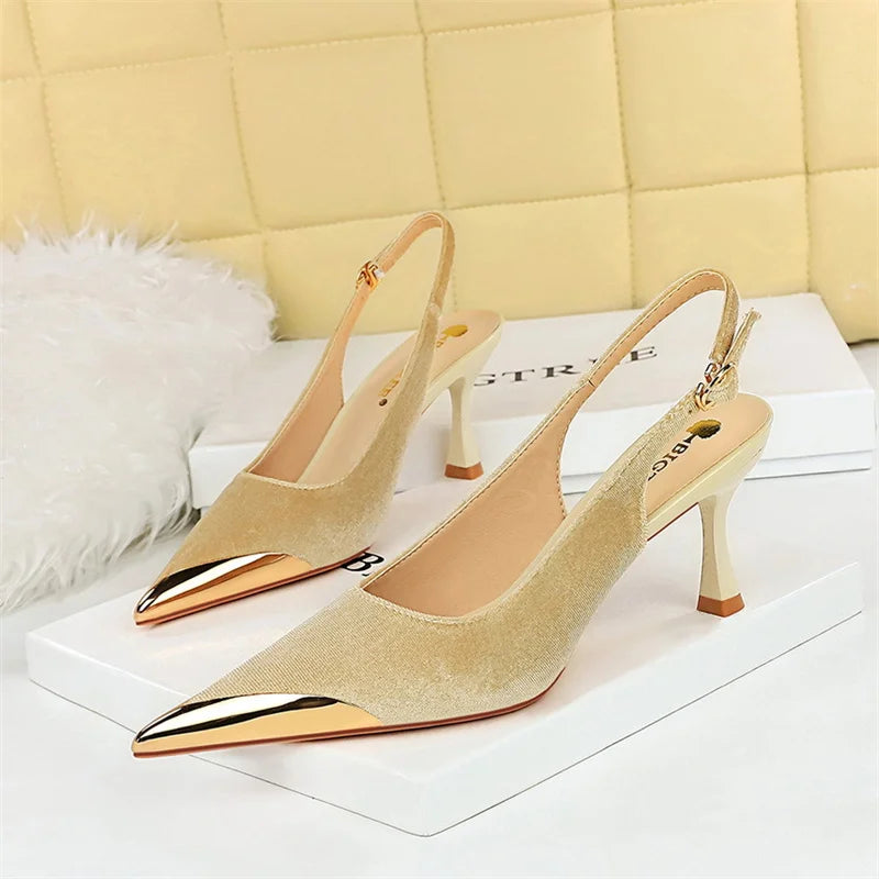 Elegant Green High Heel Velvet Pumps Wedding Party Slingback Sandals Metal Pointed Toe Hollow Buckle Wine Red Shoes