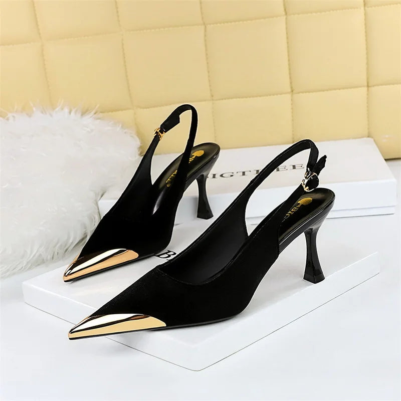 Elegant Green High Heel Velvet Pumps Wedding Party Slingback Sandals Metal Pointed Toe Hollow Buckle Wine Red Shoes