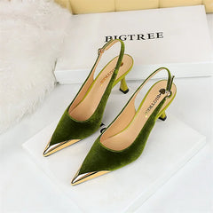 Elegant Green High Heel Velvet Pumps Wedding Party Slingback Sandals Metal Pointed Toe Hollow Buckle Wine Red Shoes