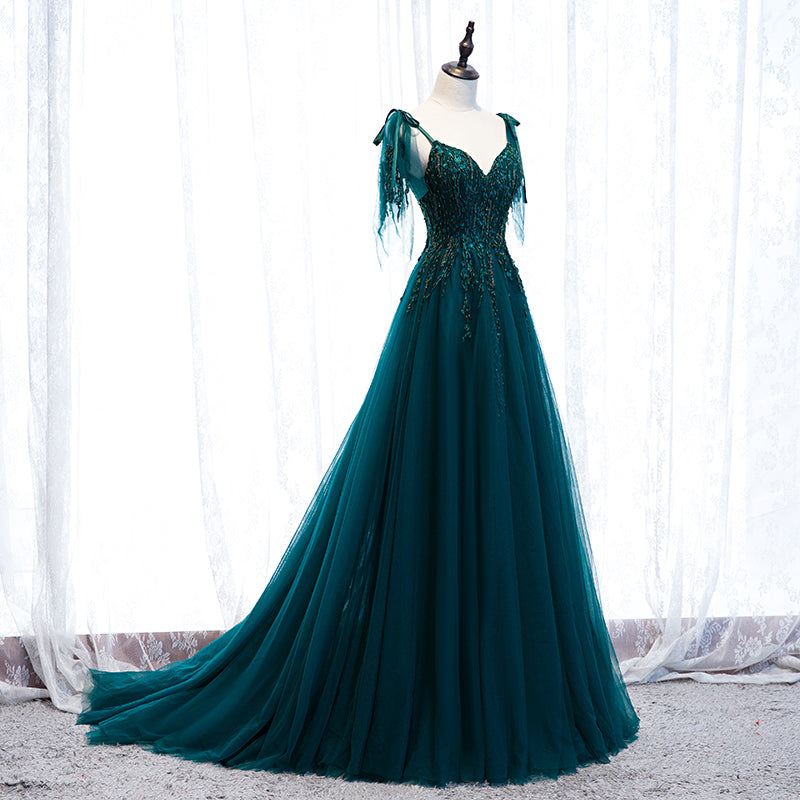Lovely A-line Straps Tulle Teal Blue Long Evening Dress Prom Dress