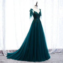 Lovely A-line Straps Tulle Teal Blue Long Evening Dress Prom Dress