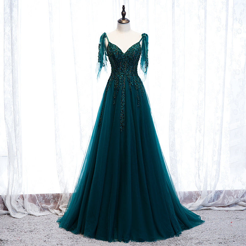 Lovely A-line Straps Tulle Teal Blue Long Evening Dress Prom Dress