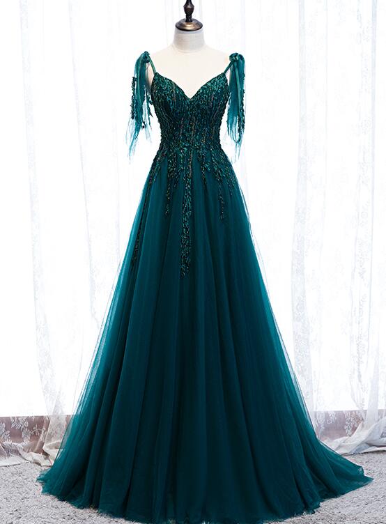 Lovely A-line Straps Tulle Teal Blue Long Evening Dress Prom Dress