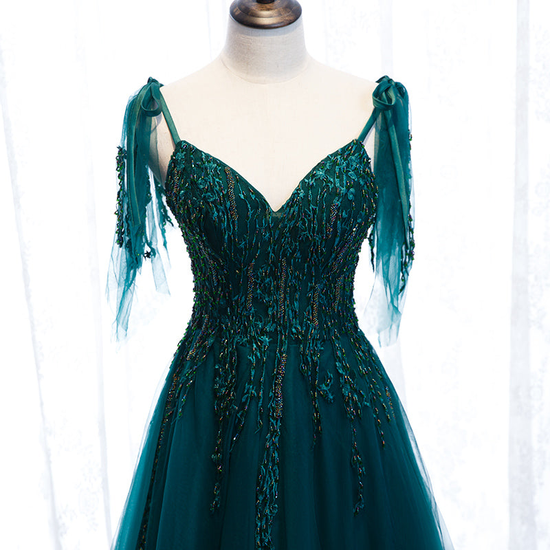 Lovely A-line Straps Tulle Teal Blue Long Evening Dress Prom Dress
