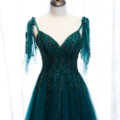 Lovely A-line Straps Tulle Teal Blue Long Evening Dress Prom Dress