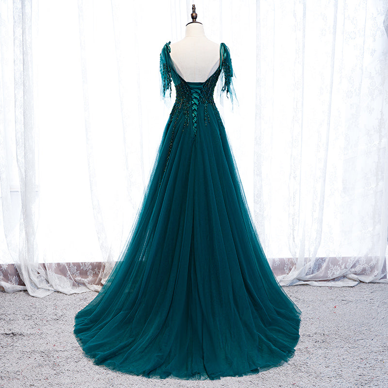 Lovely A-line Straps Tulle Teal Blue Long Evening Dress Prom Dress