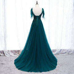 Lovely A-line Straps Tulle Teal Blue Long Evening Dress Prom Dress