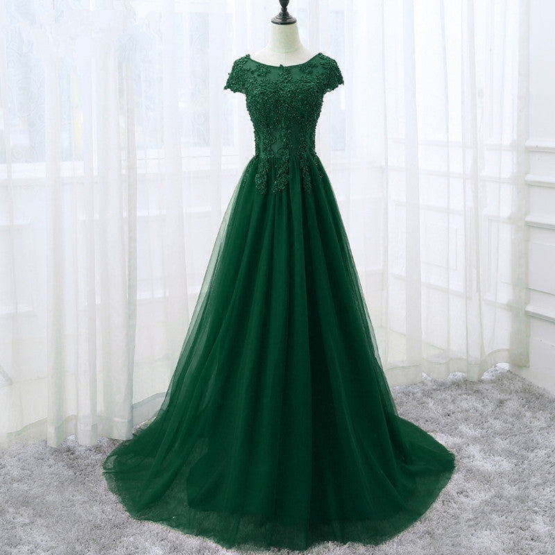 Elegante vestido de fiesta de tul con apliques de encaje y mangas cortas 