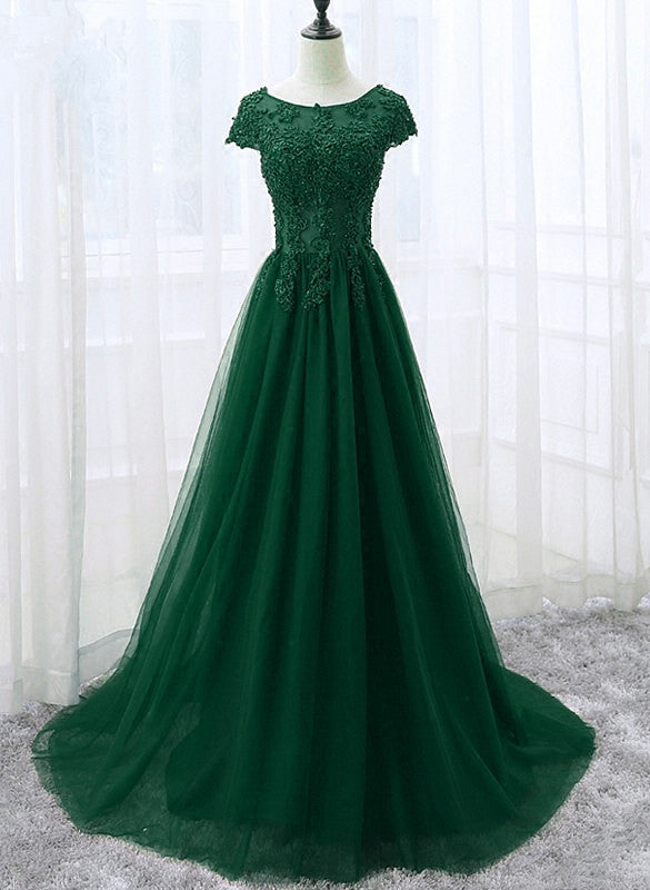 Elegante vestido de fiesta de tul con apliques de encaje y mangas cortas 