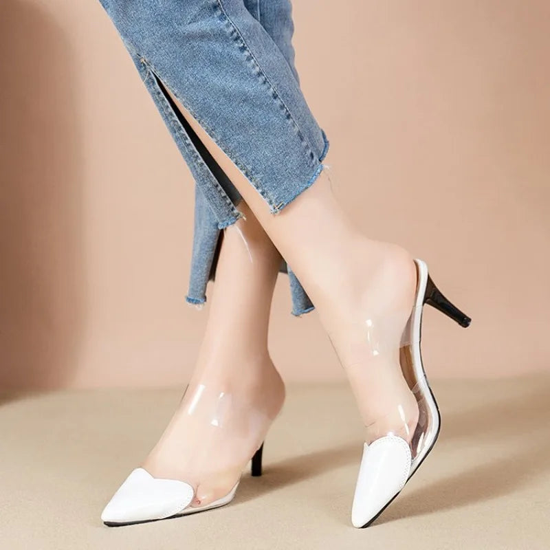 European style sexy heart-shaped transparent headbslippers fashionable pointed-toe highheeled flipflops shoes