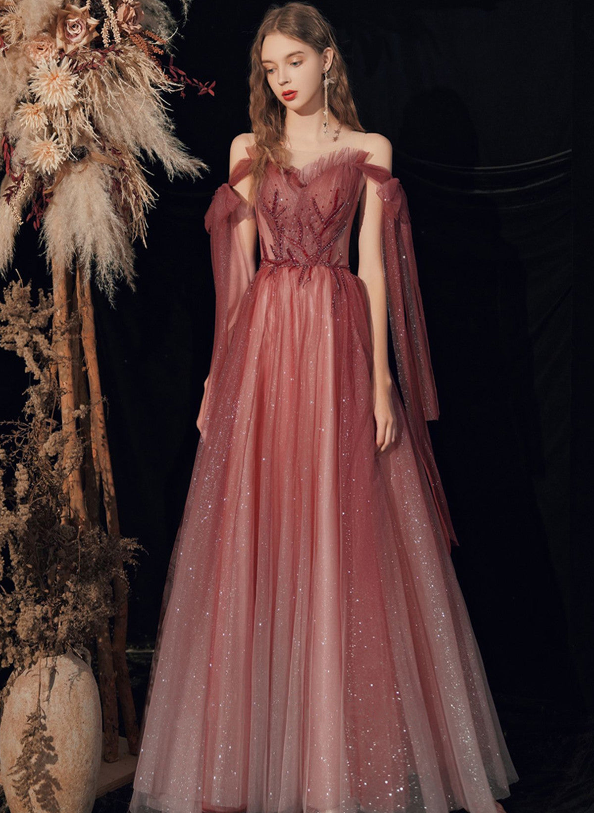 Fairy Shiny Tulle Handmade Wine Red Formal Dress